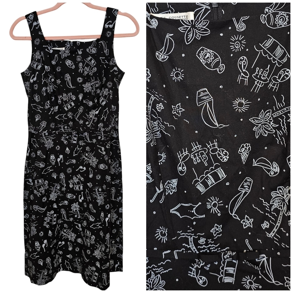 90s Vintage Novelty Print Beach Vaca Palm Tree Boat Nautical Square Neck Dress